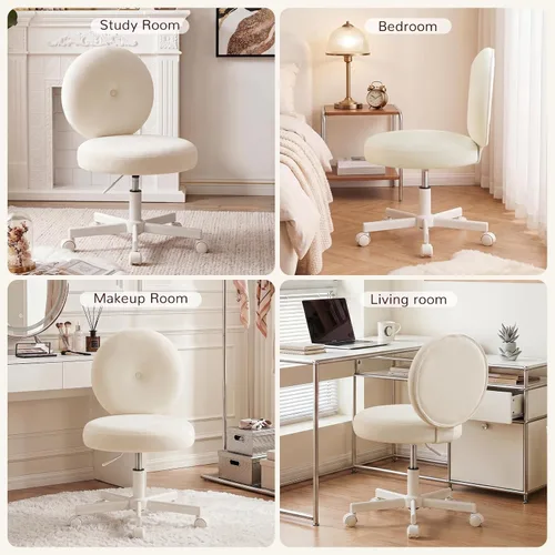 Miniatura 7 de Furniliving Silla de escritorio redonda sin brazos, pequeña silla tapizada de terciopelo con ruedas, silla de tarea ajustable giratoria con ruedas