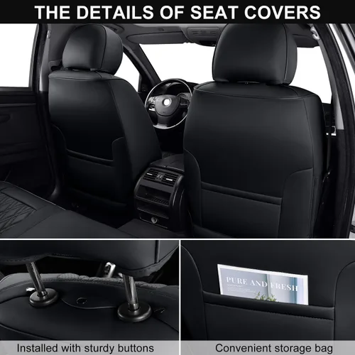Miniatura 3 de Fundas de asiento de coche color negro, par de fundas de asiento delantero de cuero transpirable con reposacabezas, funda universal de asiento