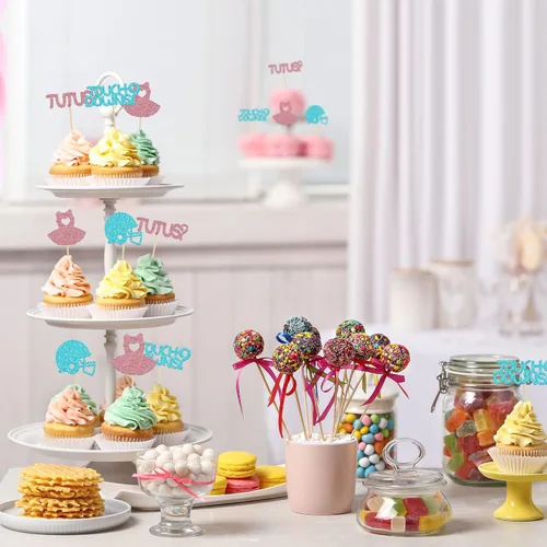 Miniatura 5 de Gyufise 24 piezas de decoración de cupcakes para niños o niñas, tutús para retoque de género, decoración de rugby para fiesta de revelación