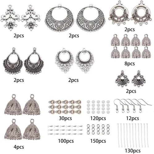 Miniatura 2 de SUNNYCLUE 1 caja de bricolaje 6 pares de aretes colgantes étnicos indios vintage, kit de fabricación de aretes colgantes Jhumka Jhumki Bollywood