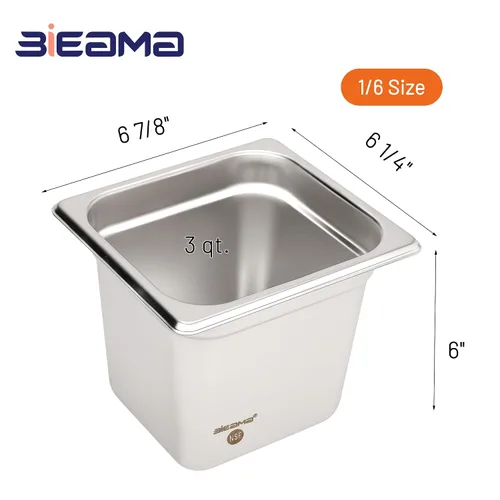 Miniatura 2 de BIEAMA Paquete de 6 bandejas de hotel, 1/6 tamaño 6" de profundidad, NSF, bandeja comercial de acero inoxidable, bandeja de mesa de vapor, bandejas