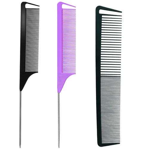 Miniatura 8 de Peine de cola de rata, peine de fibra de carbono, 3 piezas, trenzas de separación, peine de acero inoxidable, peine de peluquería para mujeres