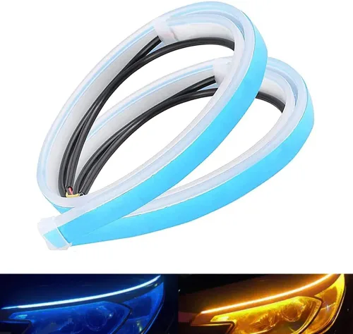 2 tiras de luces LED para autos, tira secuencial para faros delanteros, luces de circulación diurna, luz de señal de giro DRL (azul ámbar, 11.8