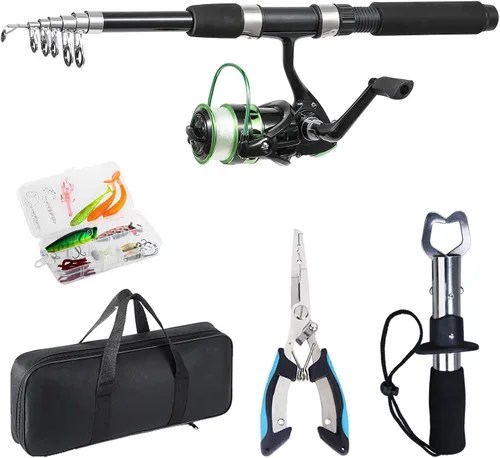 Miniatura 2 de Tripquips Caña de pescar, caña de pescar telescópica de 6.9 pies y carrete combinado con alicates de pesca y agarre de labios equipo de pesca, Combo