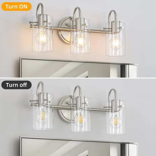 Miniatura 2 de Lámpara de tocador de 3 luces, apliques de pared de baño de níquel cepillado, lámpara de pared moderna con pantalla de vidrio transparente, lámpara