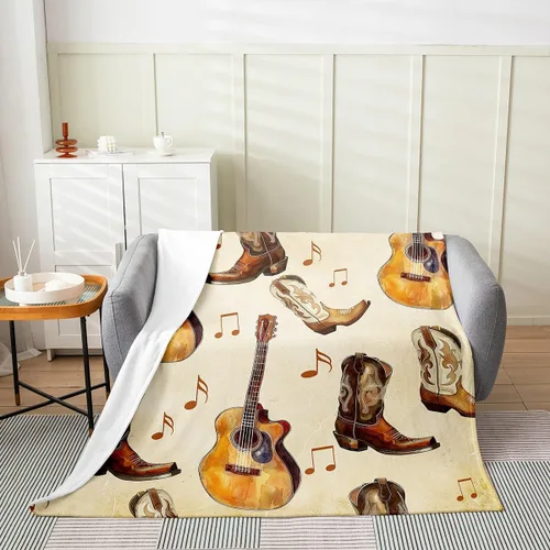 Miniatura 2 de Castle Fairy Manta de forro polar con botas de vaquero, manta de guitarra musical bohemia para niños y niños, manta de vaquera rústica occidental