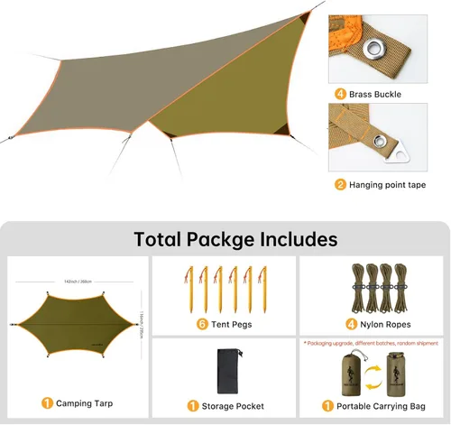 Miniatura 2 de FREE SOLDIER Lona impermeable portátil multifuncional para exteriores, camping, viajes; toldo de mochilero, refugio contra la lluvia Marrón verdoso