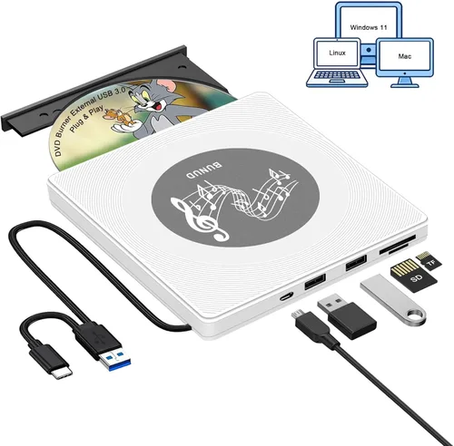 BUNUD Unidad externa de CD y DVD: USB C y USB 3.0 Grabador de CD Reproductor de DVD para PC portátil Windows 11 Mac Linux - Escritor lector de