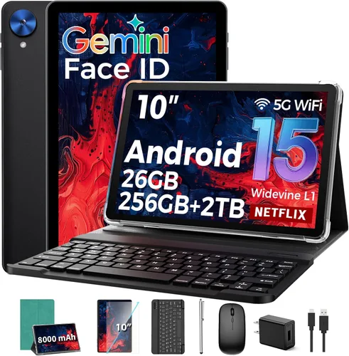 Tableta con teclado, tableta Android 15 2026 con 26GB+256GB+2TB Expand, Tablet PC de 10 pulgadas con 8 núcleos, Gemini AI, 5G WiFi, 8000mAh, BT5.0,