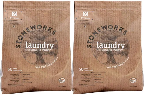 Grab Green Stoneworks - Cápsulas de detergente para ropa, 100 unidades, aroma a roble, a base de plantas y minerales, limpia profundamente, elimina
