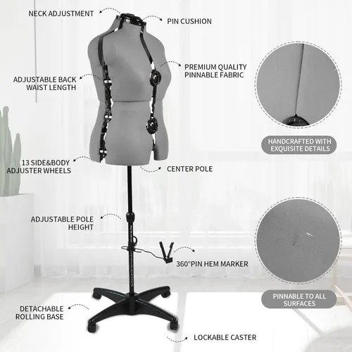 Miniatura 5 de Maniquíes de costura, maniquí femenino gris ajustable talla 12-18, cuerpo de modelo pinchable con 13 diales y ruedas desmontables, rango de altura