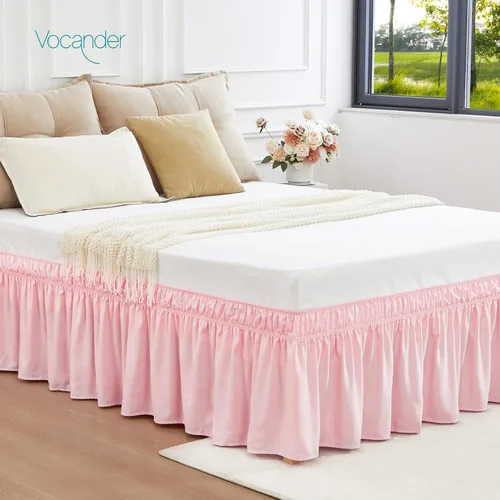 Miniatura 3 de Vocander Falda de Cama Rosa Tamaño Individual con Caída de 14 Pulgadas, Falda de Cama Elástica con Volantes Antipolvo, Fácil de Colocar, Faldas