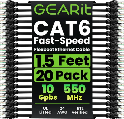 GEARit Paquete de 20 cables de conexión Cat6 de 1.5 pies / 18 pulgadas, cable Ethernet Cat 6 sin enganches, flexible y suave, serie premium, color