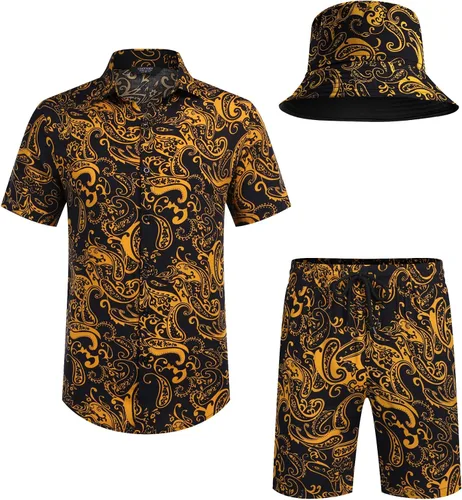 Miniatura 4 de COOFANDY Conjunto de camisa hawaiana y pantalón corto para hombre, traje de playa de 2 piezas con sombreros de pescador