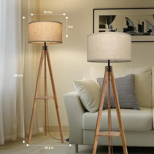 Miniatura 5 de EOEYYOYB Lámparas de pie para sala de estar, lámpara de pie moderna con estante, bombilla LED de 3 temperaturas de color, lámparas altas con Madera