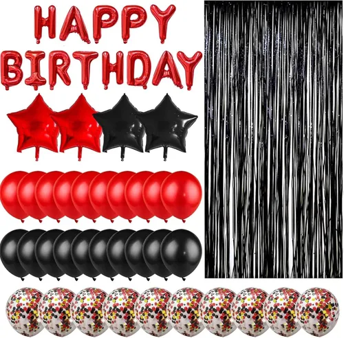 Decoraciones de cumpleaños para hombres y mujeres, globos negros y rojos, pancarta de feliz cumpleaños, cortina metálica con flecos para fiesta de