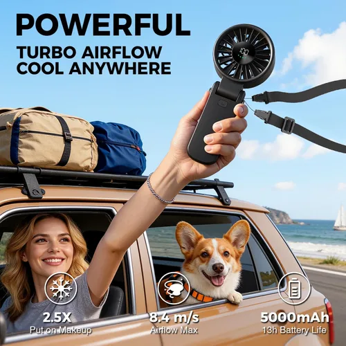 Miniatura 8 de Portable Handheld Fan with Power Bank, 5000mAh Battery, Digital Display & 6-Speed Turbo – Foldable 3 in 1 Rechargeable Mini Fan for Desk, Neck