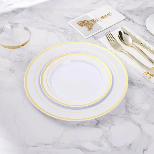 Miniatura 6 de BESTVIP 200 piezas de platos de plástico dorados, platos desechables para fiestas con 100 platos de cena y 100 platos de postre, platos de plástico