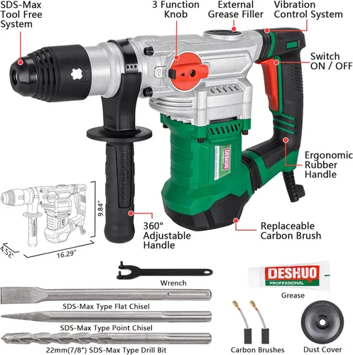 Miniatura 2 de Taladro de martillo giratorio SDS-Max de 1-1/2" de servicio pesado, 12.5 amperios, 3 funciones, control de vibración con cable, taladro