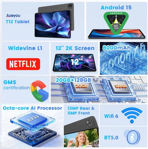 Miniatura 9 de Tableta, Android 15 Tableta, 20GB RAM 128GB ROM 1TB Expansión, A733 8-Core Procesador, Pantalla táctil grande de 12 pulgadas Pantalla 2K, Cámara