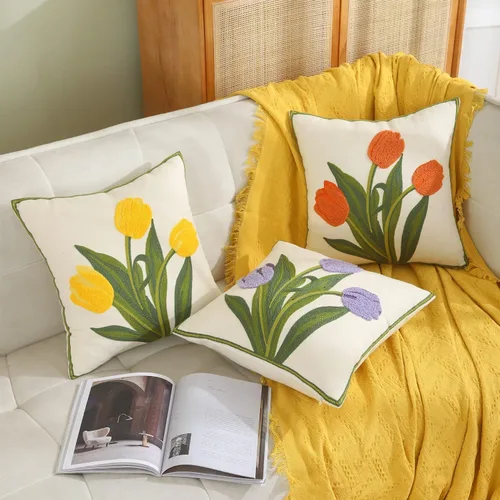 Miniatura 8 de Fundas de almohada bordadas de 16 x 16 pulgadas, paquete de 2 fundas de almohada de tulipán naranja con diseño floral de primavera, fundas