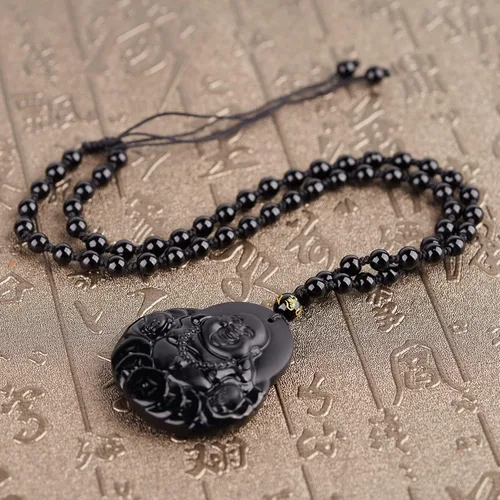 Miniatura 5 de TIKCAUZ Collar de obsidiana negra de cristal natural y piedra curativa con cuerda ajustable, hecho a mano, joyería de piedras preciosas para hombres