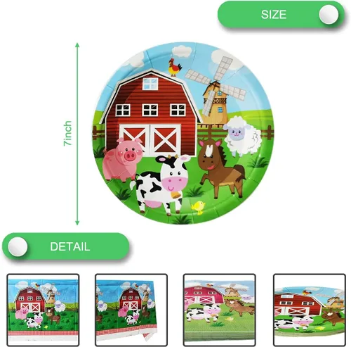 Miniatura 5 de Juego de vajilla de fiesta de animales de granja, 20 platos y 20 servilletas y mantel de 71 x 42 pulgadas, suministros de decoración para fiestas