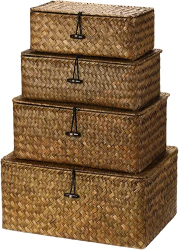 Miniatura 8 de Woanger Juego de 4 cestas de mimbre con tapas, cestas de almacenamiento de hierba marina nátral, cestas rectangulares tejidas, organizador de Café