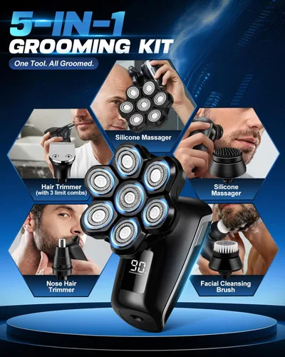 Miniatura 6 de Afeitadoras de cabeza para hombres Blad, cuchillas flotantes 7D, afeitadora eléctrica de cabeza IPX7, resistente al agua en seco y húmedo