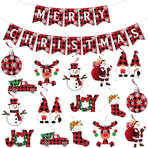 Decoraciones Colgantes de Remolinos de Navidad - SIN DIY - Bandera de Feliz Navidad de Piqué de Búfalo, Banderines Colgantes de Techo de Navidad,