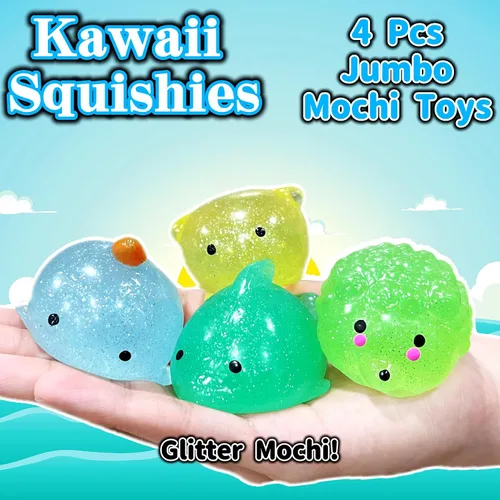 Miniatura 3 de 4 piezas de juguetes blandos Jumbo Glitter Mochi para niños, juguetes Kawaii, juguetes sensoriales de animales marinos para premios de clase