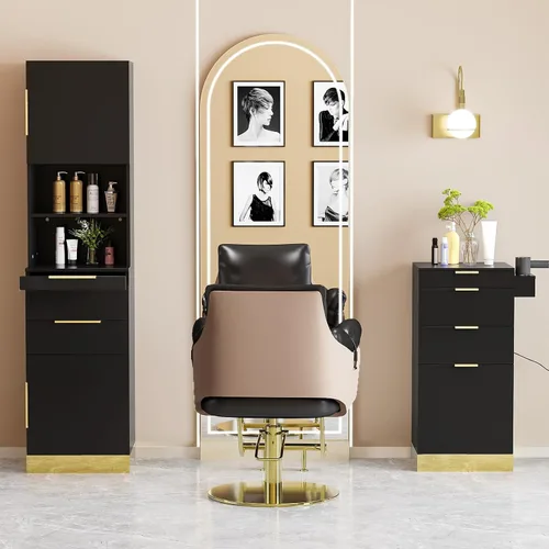 Miniatura 7 de OmySalon Estación de peluquería, estación de peluquería para estilista, gabinete de almacenamiento de belleza con acabado de acero inoxidable, Negro