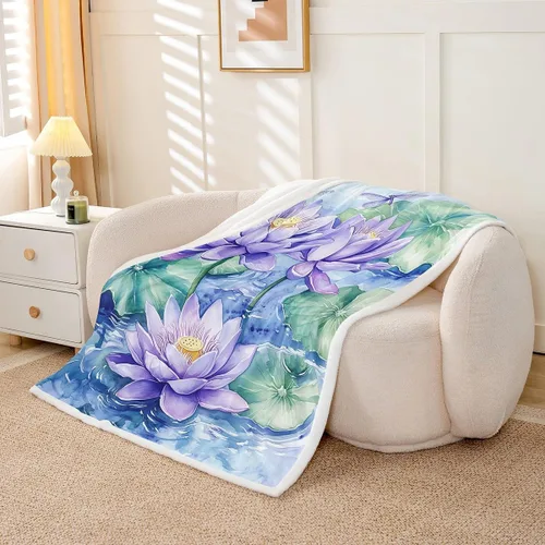 Miniatura 5 de Manfei Manta de flores de loto morado, manta de cama bohemia con libélula para niños, niñas, adultos, manta floral de acuarela para sofá, manta