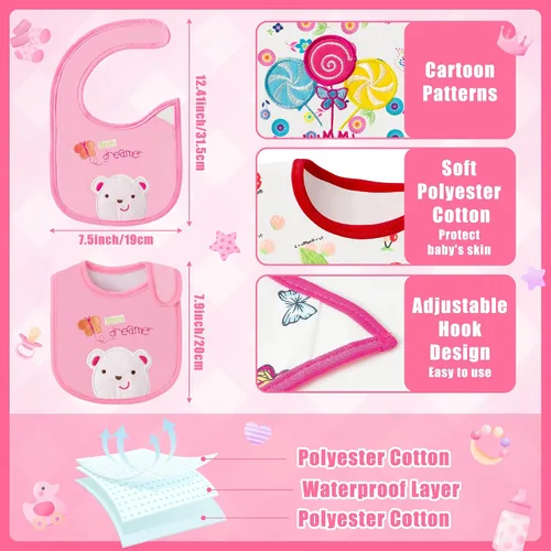 Miniatura 2 de Baberos impermeables de algodón para bebé, 24 unidades, ajustable, con cierre de velcro, para alimentar, dentición, babeo, 6-12 meses Rosado
