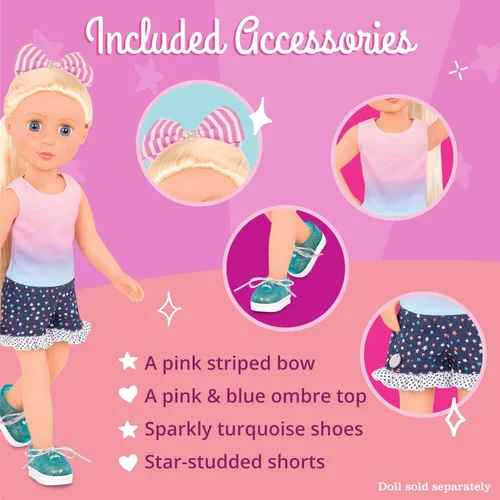 Miniatura 3 de Glitter Girls – Ropa para muñeca de 14 pulgadas – Conjunto de 4 piezas con temática estrella – Top colorido y pantalones cortos de lunares – Zapatos
