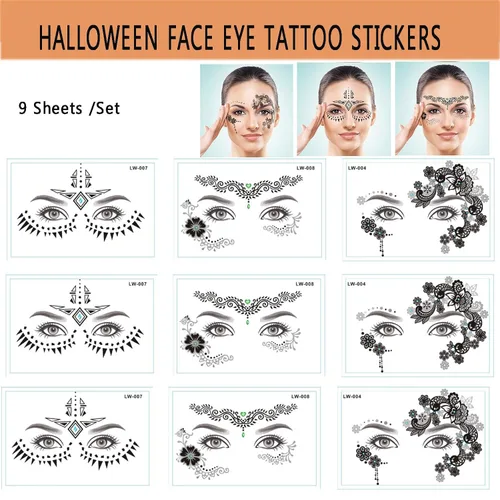 Miniatura 6 de Paquete de 9 calcomanías de maquillaje facial de ojos, impermeables, de encaje negro, tatuaje temporal para mujeres y niñas, Halloween, Navidad