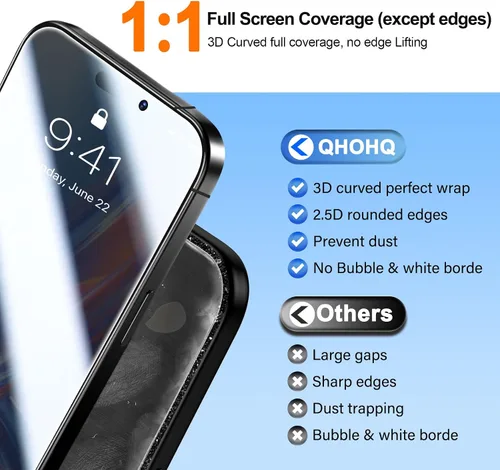 Miniatura 6 de QHOHQ - Paquete de 3 protectores de pantalla de privacidad para iPhone Air+3 protectores de lente de cámara, vidrio templado antiespía de 25°