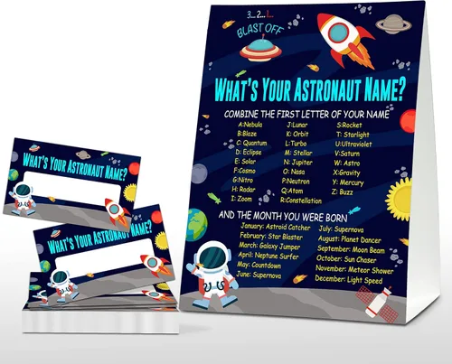 Juego con el nombre de tu astronauta, juegos de fiesta de cumpleaños para niños en el espacio exterior, actividad escolar familiar, 1 letrero de pie