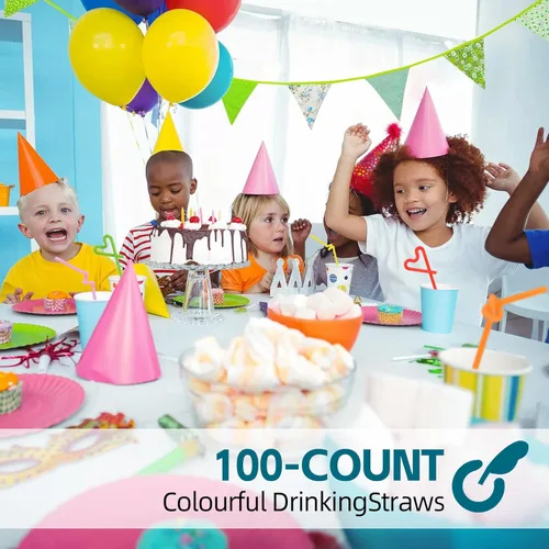 Miniatura 6 de 200 piezas de pajitas plásticas flexibles coloridas [envueltas individualmente], pajitas desechables y doblables coloridas para fiestas, pajitas 200