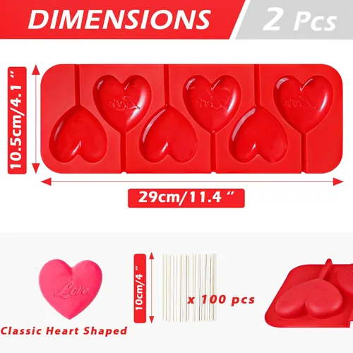 Miniatura 3 de Webake Moldes de Piruleta en Forma de Corazón de 6 Agujeros, Moldes de Caramelo de Chocolate en Forma de Corazón con Palillos de Piruleta, Ideales