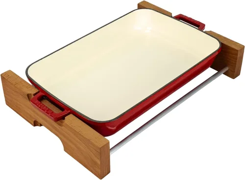 Miniatura 7 de Lava Cast Iron Sartén para lasaña, tres capas de hierro fundido esmaltado, bandeja para hornear con soporte de servicio, plato rectangular apto