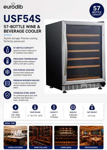 Miniatura 3 de Eurodib USF54S - Refrigerador de vino con capacidad para 57 botellas de una sola temperatura de vidrio completo bajo encimera, estilo urbano, 110 V