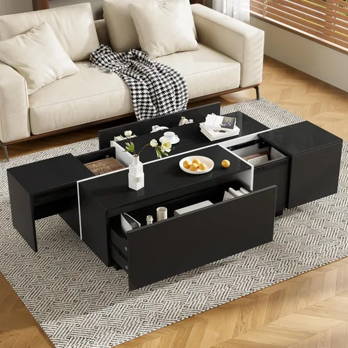 Merax Mesa auxiliar, mesa auxiliar extensible con 2 espacios de almacenamiento ocultos y 2 cajones, mesa central multifuncional con acabado