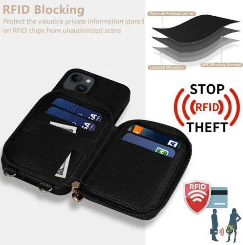 Miniatura 3 de Funda compatible con iPhone 15 de 6.1 pulgadas, cremallera cruzada con ranuras para tarjetas de bloqueo RFID, soporte, cordón y correa de mano