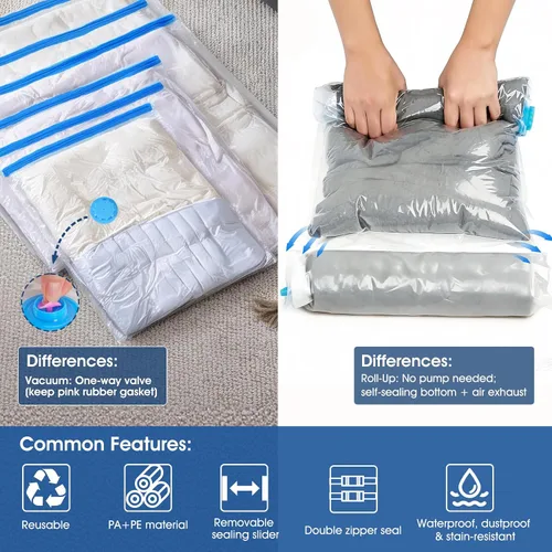 Miniatura 3 de AROIC 50 Bolsas de Almacenamiento al Vacío, 5 Tamaños + 2 Enrollables (8 Cada Una) Bolsas de Sellado al Vacío para Ahorro de Espacio para Ropa con 1