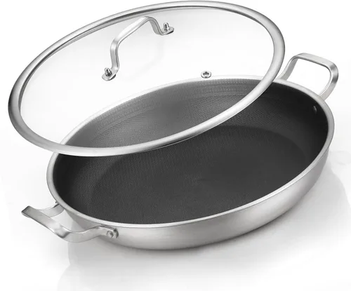 Miniatura 10 de Yeksum Paella de tres capas de acero inoxidable de 14.5 pulgadas, 12 porciones con tapa, sartén grande antiadherente 18/10, olla jumbo, bandeja