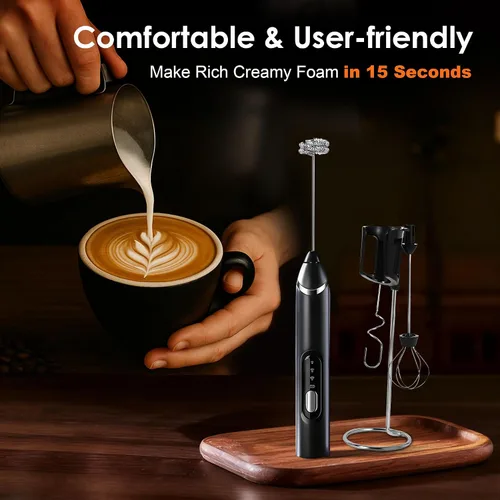 Miniatura 6 de Espumador de leche de mano con soporte, varita espumadora de café recargable con 3 cabezales desmontables de acero inoxidable, mezclador eléctrico