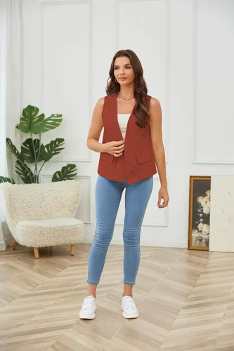 Miniatura 8 de YWS - Chalecos de moda para mujer, casual, sin mangas, con cuello en V, chaleco de lino y algodón