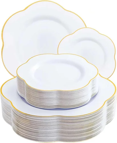 Miniatura 11 de Liacere 100 platos de plástico dorados, platos desechables de purpurina dorada para aperitivos, platos de ensalada/postre de plástico de alta