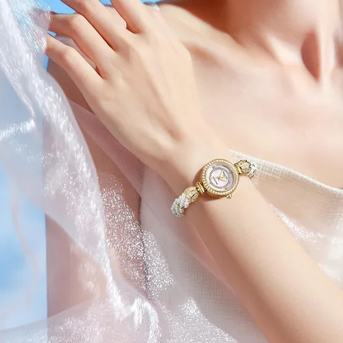 Miniatura 4 de Reloj de pulsera de oro para mujer, correa de cadena de perlas giratoria, esfera deslumbrante, impermeable, regalo para mujer R0262JF